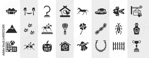 horses filled icons set. editable glyph icons such as fangs, bird and house, fish, birds group, four leaf clover, poison, lantern, horseshoe vector. © VectorStockDesign
