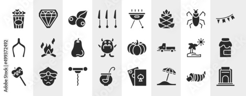 africa filled icons set. editable glyph icons such as popcorn, cutlery, insect, campfire, pumpkin, jam, corkscrew, sun umbrella vector. © VectorStockDesign