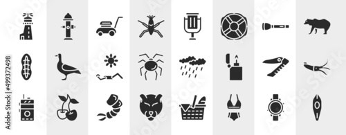 diving filled icons set. editable glyph icons such as lighthouse, pond skater, torch, goose, precipitation, squid, shrimp, bikini vector. © VectorStockDesign