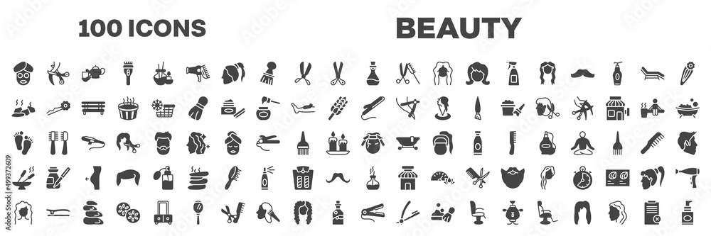 Obraz premium set of 100 filled beauty icons. editable glyph icons collection such as facial mask, essence, stones, curling iron, barefoot, incense, wavy hair, hair straightener, disclaimer vector illustration.