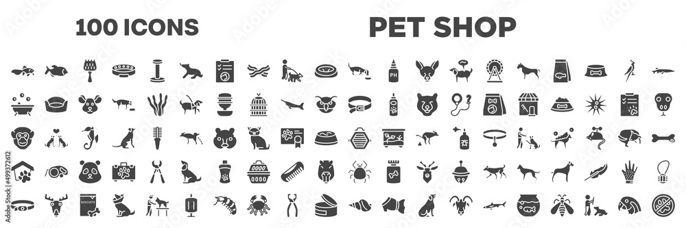 set of 100 filled pet shop icons. editable glyph icons collection such as gold fish, dog eating, pets bath, dog leads, chimpanzee head, pet shelter, dog collar, conch, parrot head vector set of 100 filled pet shop icons. editable glyph icons collection such as gold fish, dog eating, pets bath, dog leads, chimpanzee head, pet shelter, dog collar, conch, parrot head vector