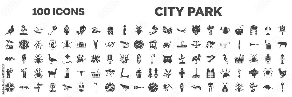 set of 100 filled city park icons. editable glyph icons collection such as pigeon, shrimp, cherry, ice cream cart, fishbone, hunter, crosshair, basketball ball, porcupine vector illustration.