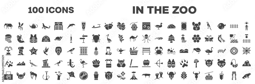 set of 100 filled in the zoo icons. editable glyph icons collection such as elephants, beehive, tornado, dromedary, fountain, vaccine, animal aid, volcano, fatigue vector illustration. set of 100 filled in the zoo icons. editable glyph icons collection such as elephants, beehive, tornado, dromedary, fountain, vaccine, animal aid, volcano, fatigue vector illustration.