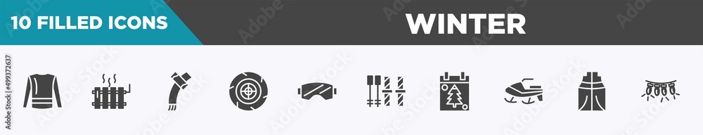 set of 10 filled winter icons. editable glyph icons such as turtleneck sweater, heater, winter scarf, winter tire, snow goggle, ski equiptment, christmas day, anorak vest vectors. set of 10 filled winter icons. editable glyph icons such as turtleneck sweater, heater, winter scarf, winter tire, snow goggle, ski equiptment, christmas day, anorak vest vectors.