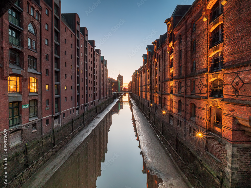 Hamburg city night scene at the Speicherstadt area with clear sky 