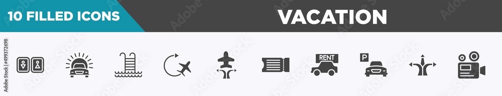 set of 10 filled vacation icons. editable glyph icons such as toilets, car in front of the sun, swimming pool ladder, airplane, airplanes and arrows, fly ticket, rent a car, directions arrows set of 10 filled vacation icons. editable glyph icons such as toilets, car in front of the sun, swimming pool ladder, airplane, airplanes and arrows, fly ticket, rent a car, directions arrows