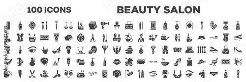 set of 100 filled beauty salon icons. editable glyph icons collection such as men comb, vanity case, foam hair, parfum, roll on deodorant, straight razor, hair washing, shower head, big perfume
