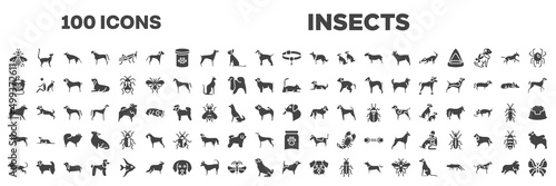 set of 100 filled insects icons. editable glyph icons collection such as bumblebee, pet collar, pet clo, laying cat, malamute, mastiff, toyger cat, jack russel terrier, sheltie vector illustration.