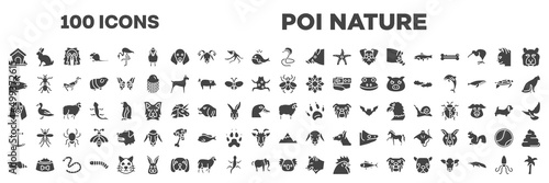 Fototapeta Naklejka Na Ścianę i Meble -  set of 100 filled poi nature icons. editable glyph icons collection such as dog kennel, poisonous cobra, lama head, big fly, bas hound dog head, boat anchor, seashell conch, koala head, giant squid