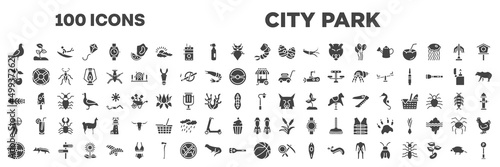 set of 100 filled city park icons. editable glyph icons collection such as pigeon, shrimp, cherry, ice cream cart, fishbone, hunter, crosshair, basketball ball, porcupine vector illustration.