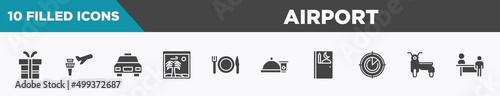 set of 10 filled airport icons. editable glyph icons such as birthday gift, airplane and airport tower, taxi frontal vehicle, vacation images, plate, knife and fork, snacks, prayer room, sidecar