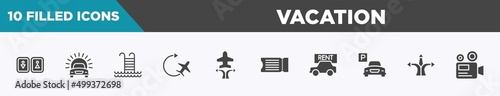 set of 10 filled vacation icons. editable glyph icons such as toilets, car in front of the sun, swimming pool ladder, airplane, airplanes and arrows, fly ticket, rent a car, directions arrows