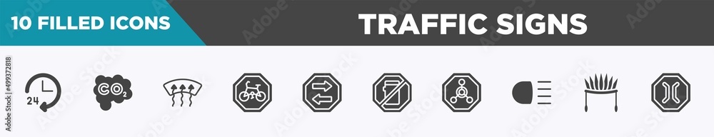set of 10 filled traffic signs icons. editable glyph icons such as 24 hours service, carbon monoxide, windshield defrost, cycle lane, two way, no mobile phone, radioactive warning, indian headdress set of 10 filled traffic signs icons. editable glyph icons such as 24 hours service, carbon monoxide, windshield defrost, cycle lane, two way, no mobile phone, radioactive warning, indian headdress