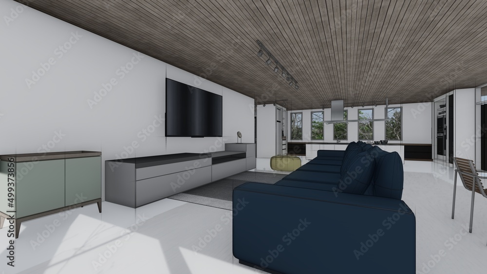 Fototapeta premium modern living room sketch interior 3d illustration