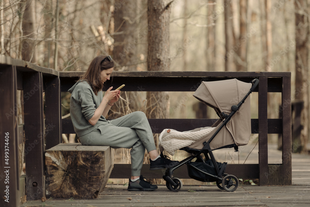 Fototapeta premium The young mom is working with her cellphone while her infant child is sleeping in the baby stroller. The mother with her child in the park for fresh air.
