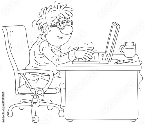 Funny author writing his story on a laptop in his studio, black and white vector cartoon illustration for a coloring book page