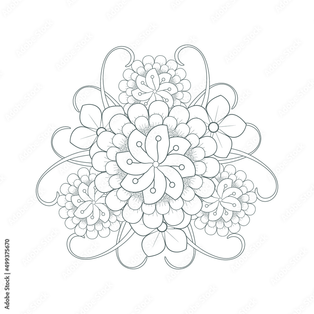Decorative Doodle flowers in black and white for coloringbook, cover, background, wedding invitation card. Hand drawn sketch for adult anti stress coloring page isolated in white background.-vector