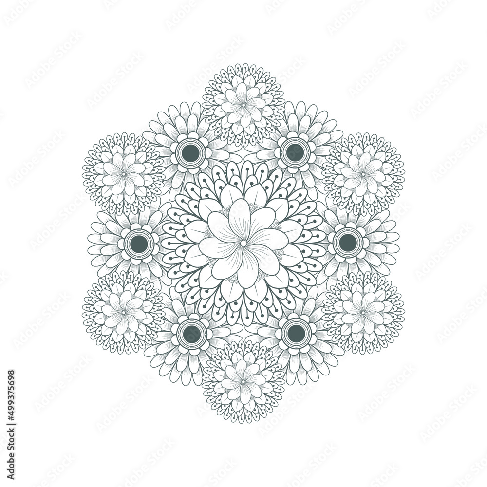 Decorative Doodle flowers in black and white for coloringbook, cover