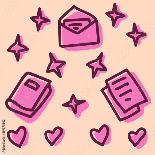 Cute illustration doodle hand drawn mail, like, book on the pink color on the peach background for web, stickers, card, poster, cover and design