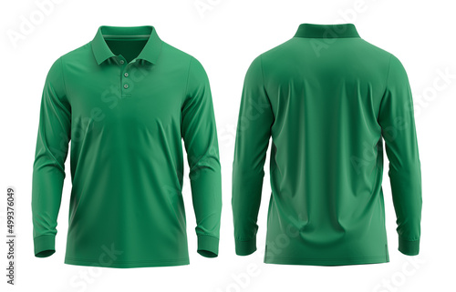 Green Polo shirt long sleeve with Cuff and rib collar ( Cotton pique fabric texture) 3D rendered