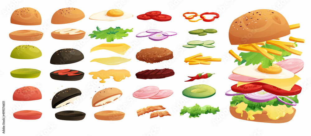 Burgers ingredients set: buns, chili, tomato, cheese, bacon, cucumber, meat, onion, ketchup, French fried potato and salad. Fast food, junk. Cartoon vector illustration.