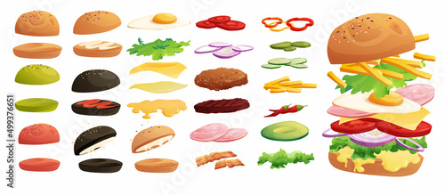 Burgers ingredients set: buns, chili, tomato, cheese, bacon, cucumber, meat, onion, ketchup, French fried potato and salad. Fast food, junk. Cartoon vector illustration.