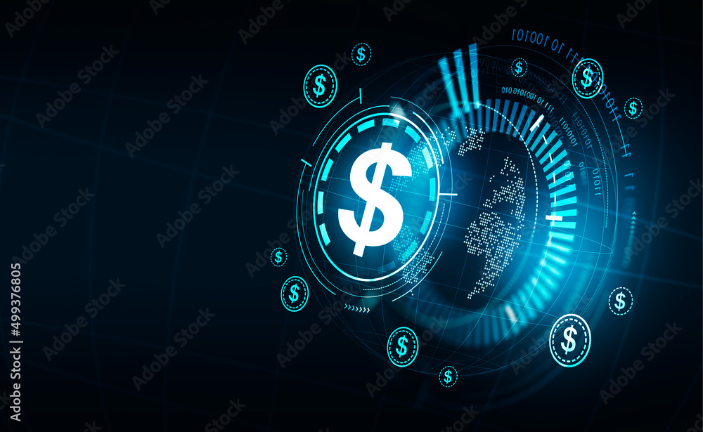 Dollar icon and glowing sphere with binary, online payment