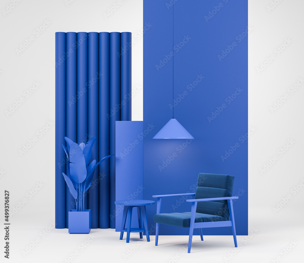Obraz premium Blue relax room interior with seat and coffee table, curtains