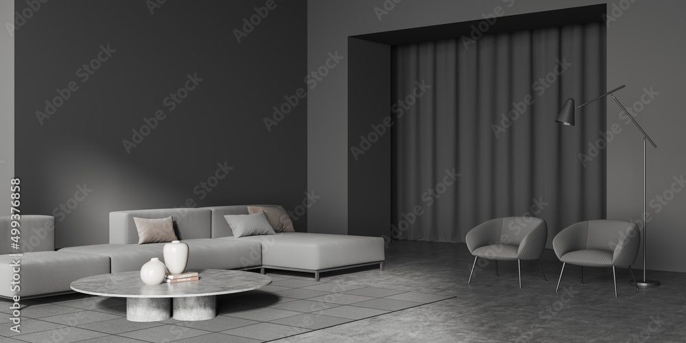 Relax room interior with couch and chairs, curtains and mockup Relax room interior with couch and chairs, curtains and mockup