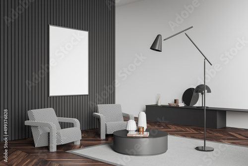 Living room interior with two seats and coffee table. Mockup frame