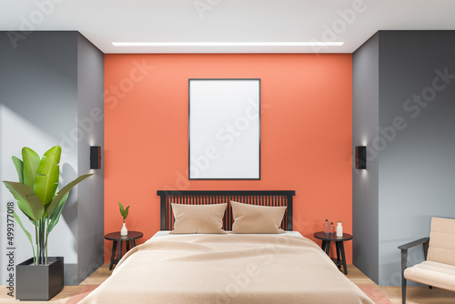 Bedroom interior with bed, armchair and decoration. Mockup frame