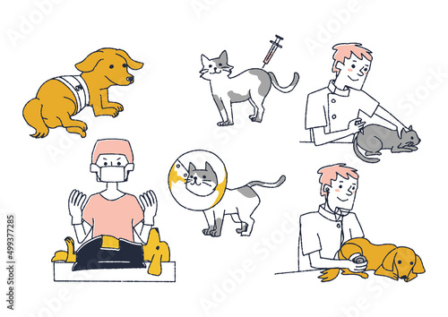動物病院に関するイラストセット　コミカルな手書きの人物　ベクター、線画にカラー