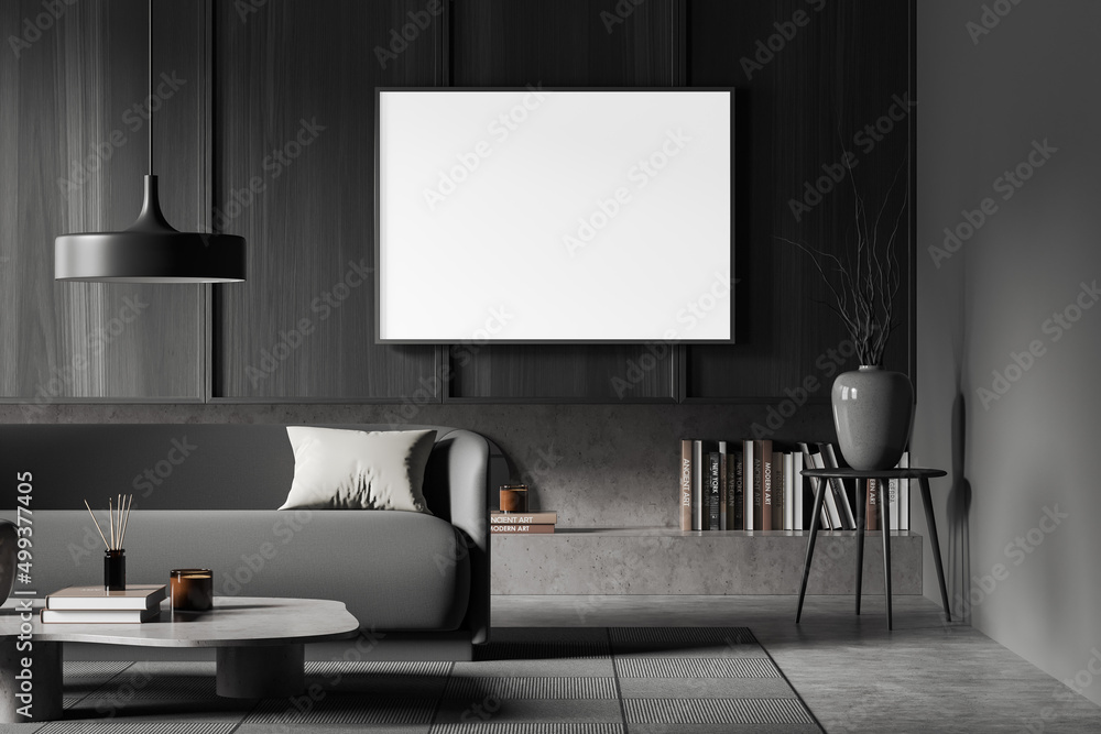 Grey relax room interior with couch and coffee table, shelf and mockup frame