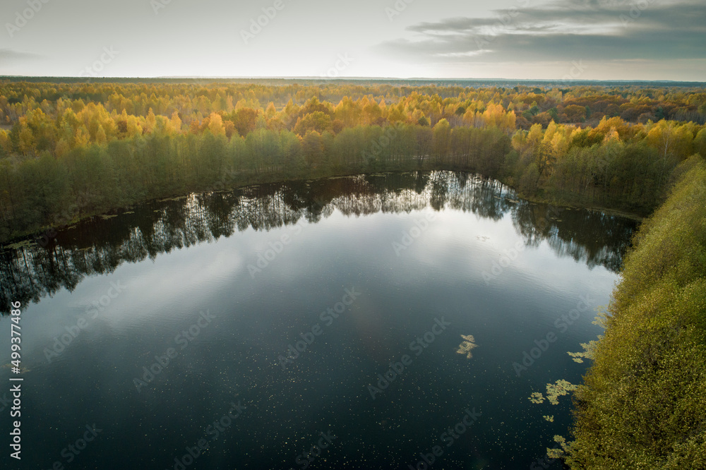 Scenic aerial automn view of lake in a sunset time