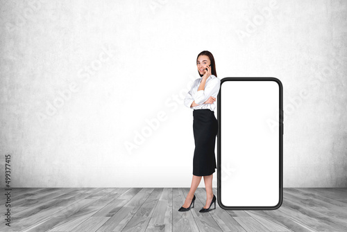 Businesswoman have a call, phone mockup screen, copy space wall