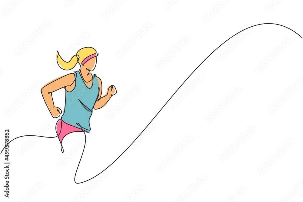 One single line drawing of young energetic woman runner run relax at track vector illustration. Individual sports, training concept. Modern continuous line draw design for running competition banner One single line drawing of young energetic woman runner run relax at track vector illustration. Individual sports, training concept. Modern continuous line draw design for running competition banner