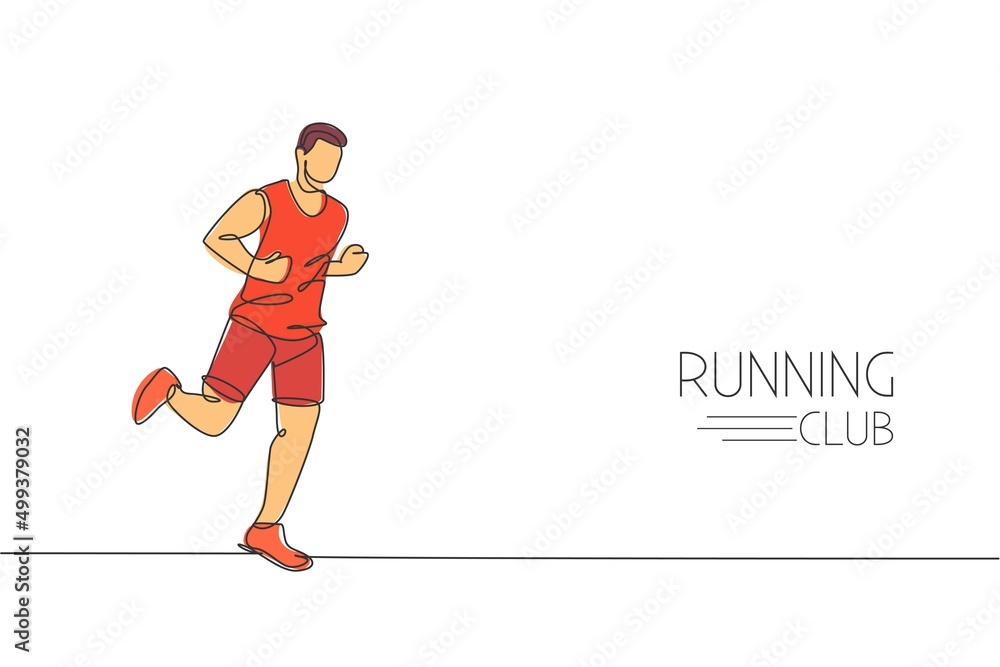 One continuous line drawing of young man athlete runner run relax. Individual sport, competitive concept. Dynamic single line draw design vector graphic illustration for running competition poster