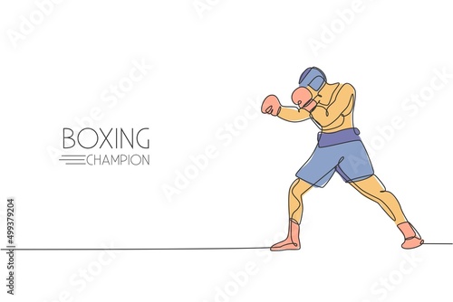One single line drawing of young energetic man boxer practicing at sport gym vector illustration. Sport combative training concept. Modern continuous line draw design for boxing championship banner