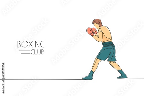 Single continuous line drawing young agile man boxer ready for fighting at match. Fair combative sport concept. Trendy one line draw design graphic vector illustration for boxing game promotion media