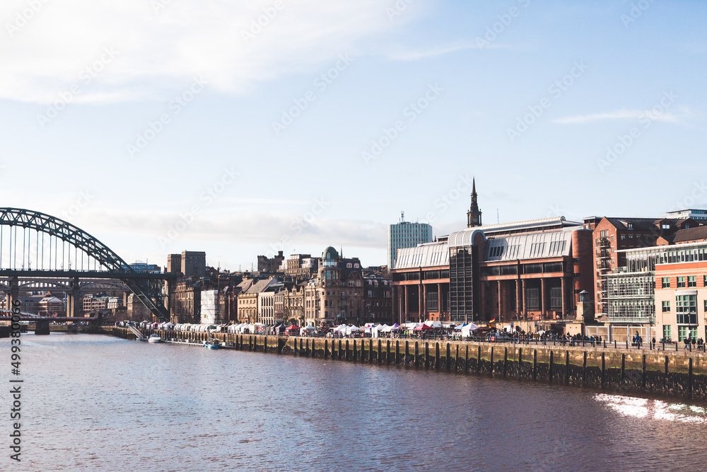 Newcastle upon Tyne UK:  10.02.2019: Quayside Market view from Gateshead