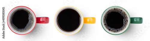 Many cups of black coffee isolated on white background. Top view. Flat lay.