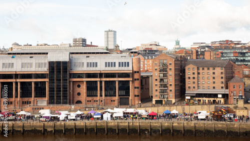 Newcastle upon Tyne England: 10th Feb 2019: Quayside Sunday Market view from Gateshead (Tyne River)