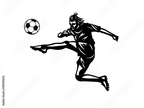 Soccer player silhouette. Flat black figure stricking a goal jumping high in the air.