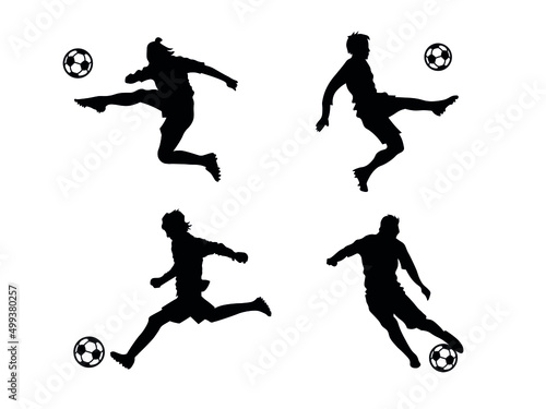 Set of four soccer player silhouette. Flat black figures. Footballer playing with a ball.