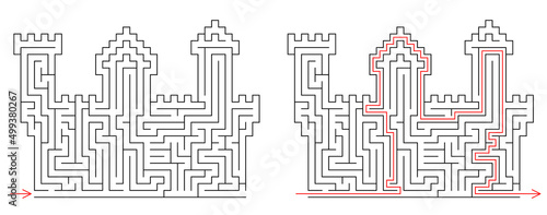 Brick castle labyrinth. Maze inside fortress with towers. Medium difficulty vector puzzle with entry and exit. Riddle with solution - red passing route. Logic game for kids of age from 2 to 10 years.