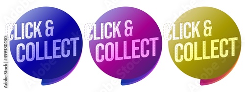 Creative shop store label with click and collect text set. Supermarket tag button for goods order and fast delivery service choose vector illustration on white background