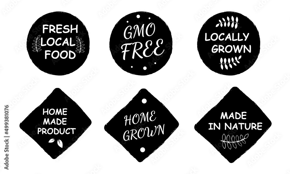 A set of black and white organic stickers, labels, badges and logos.  FRESH LOCAL PRODUCE, NON-GMO, LOCALLY GROWN, MADE