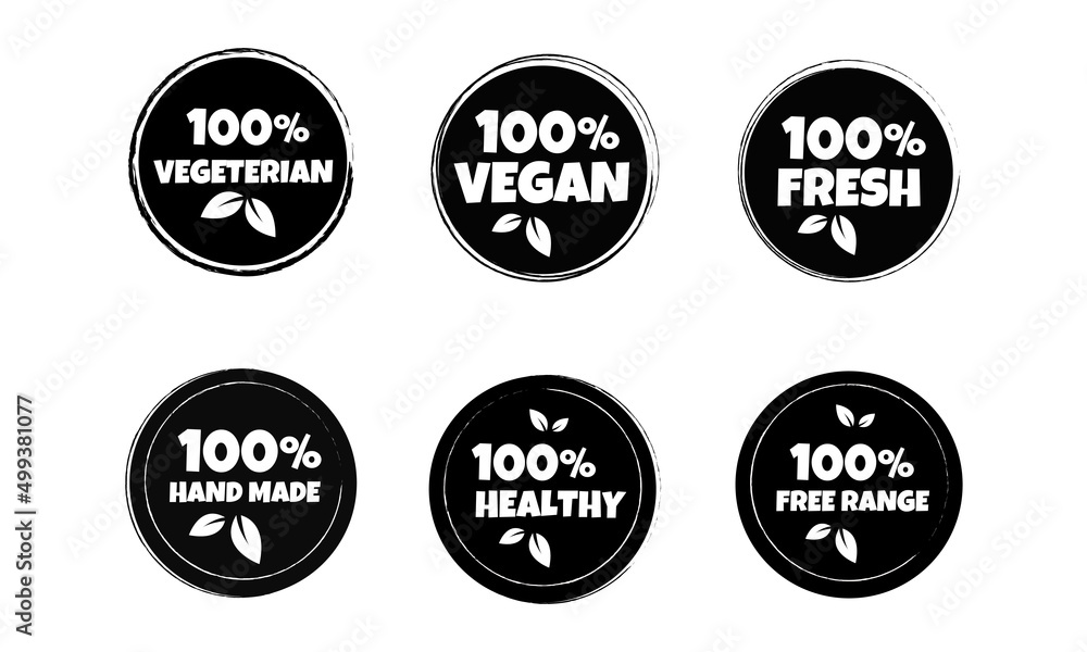 Set of black and white organic products sticker, label, badge and logo. 100% PREMIUM QUALITY. 100% VEGETARIAN, 100% FRESH, 100% HEALTHY. Logo template for organic and eco products.