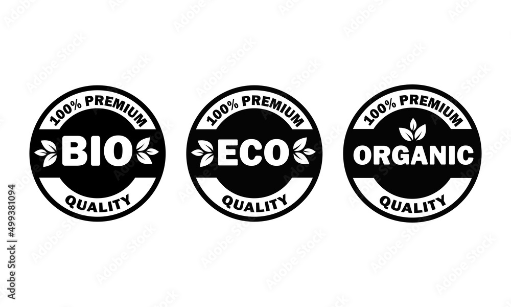 Set of black and white Eco, Bio, Organic stickers, labels, badges and logos. 100% vegan. Eco-friendly badge. Logo template for organic products.