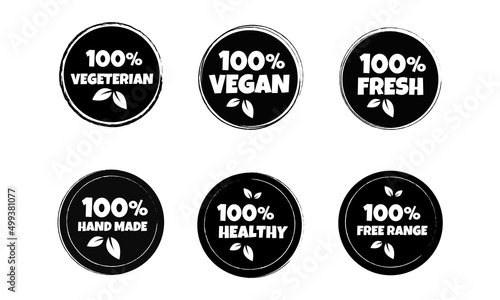 Set of black and white organic products sticker, label, badge and logo. 100% PREMIUM QUALITY. 100% VEGETARIAN, 100% FRESH, 100% HEALTHY. Logo template for organic and eco products.